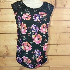 Panza | Black Floral Ruched Top Lace Detail M